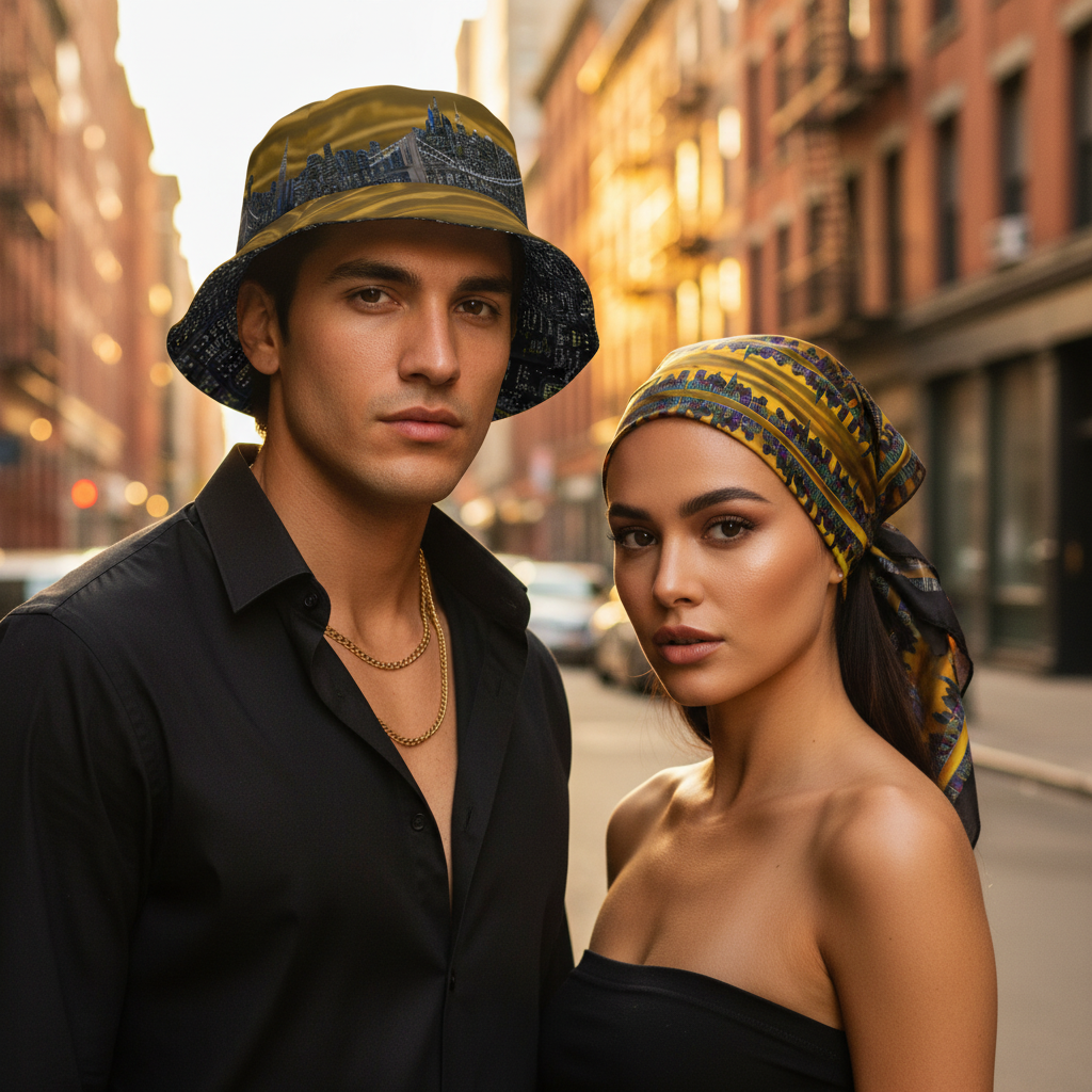 Colorful Loria NYC Art hats and bandannas on a white background 