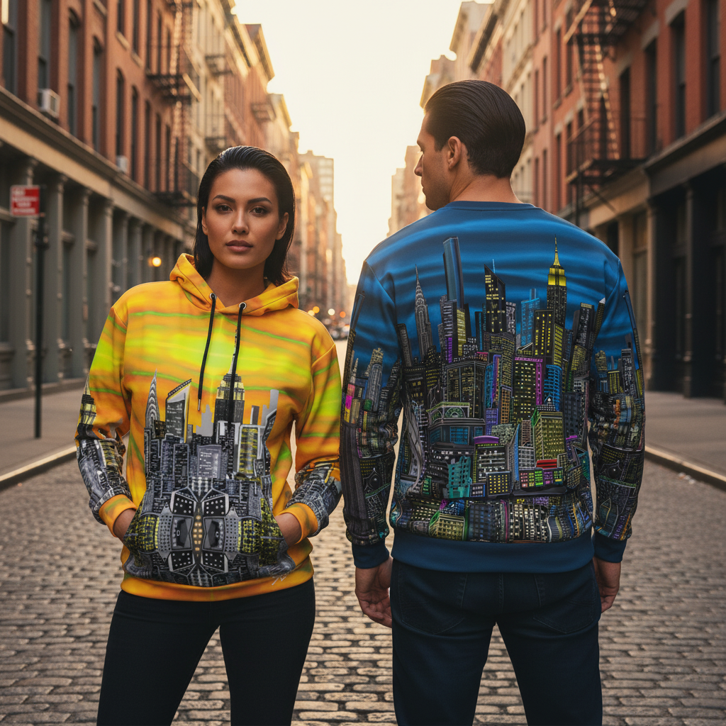 Colorful sweatshirt and hoodie Loria NYC Art design on a white background 