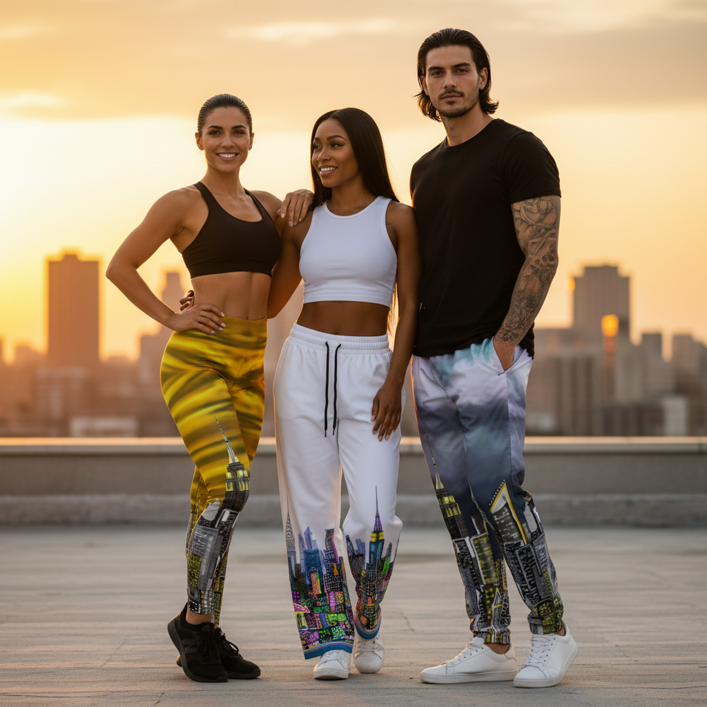 Models wearing colorful Loria NYC Art designed pants