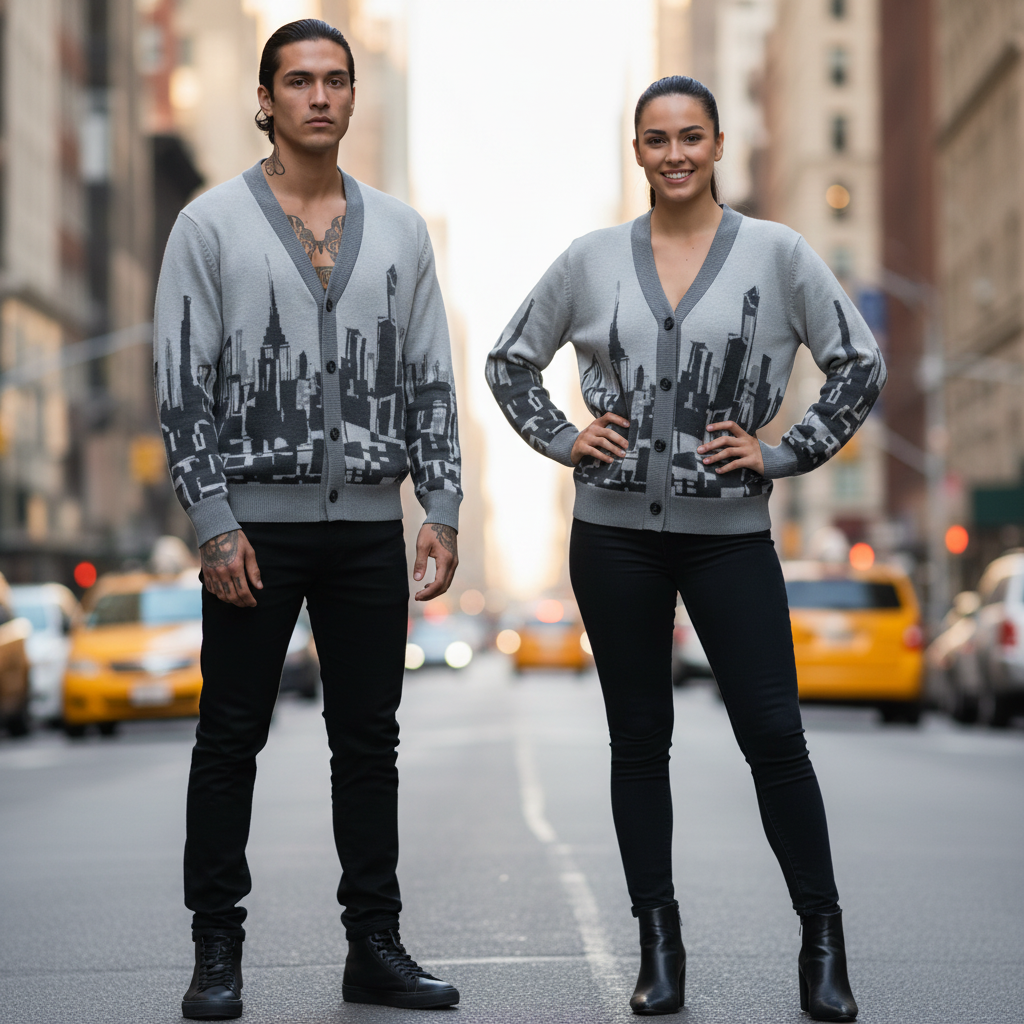 Two people wearing grey Loria NYC Art sweaters on an urban setting