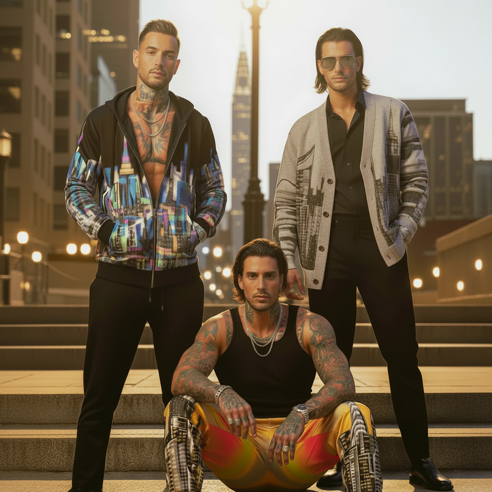 Men wearing colorful skyline art on clothing designed by Loria NYC Art on an urban background 