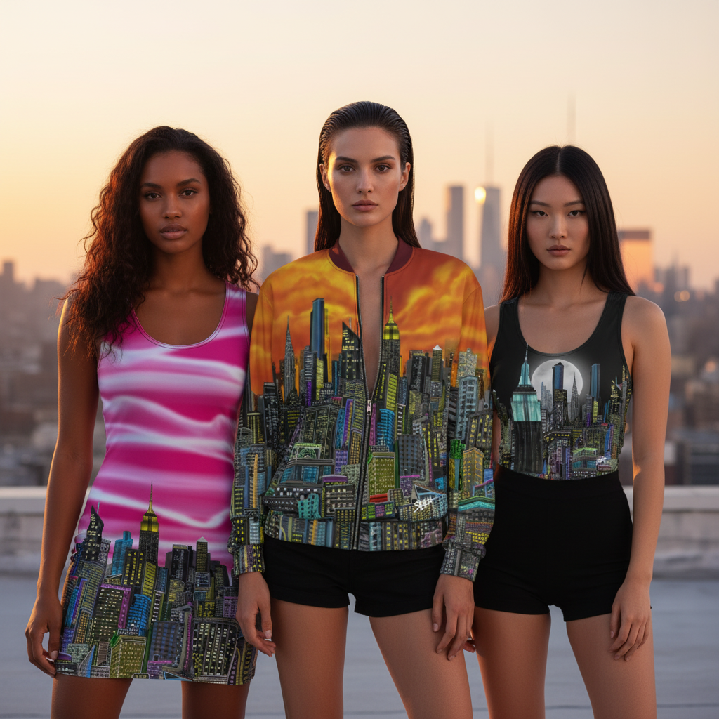 Three women wearing colorful Loria NYC Art clothing on an urban background 