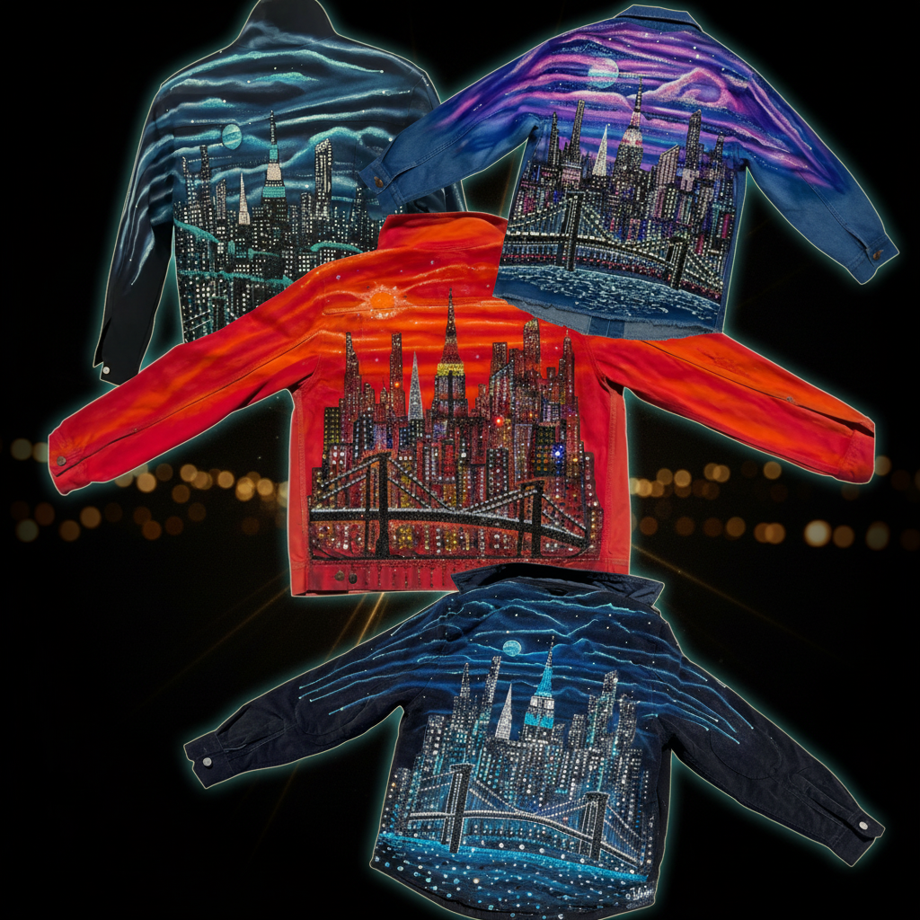 Colorful blue skyline Loria NYC Art on the back of a jacket