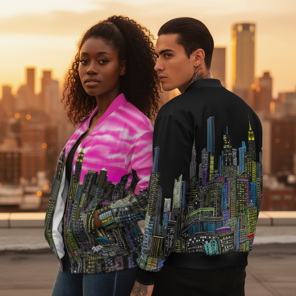 Two people wearing a Loria NYC Art jacket with a skyline in background 