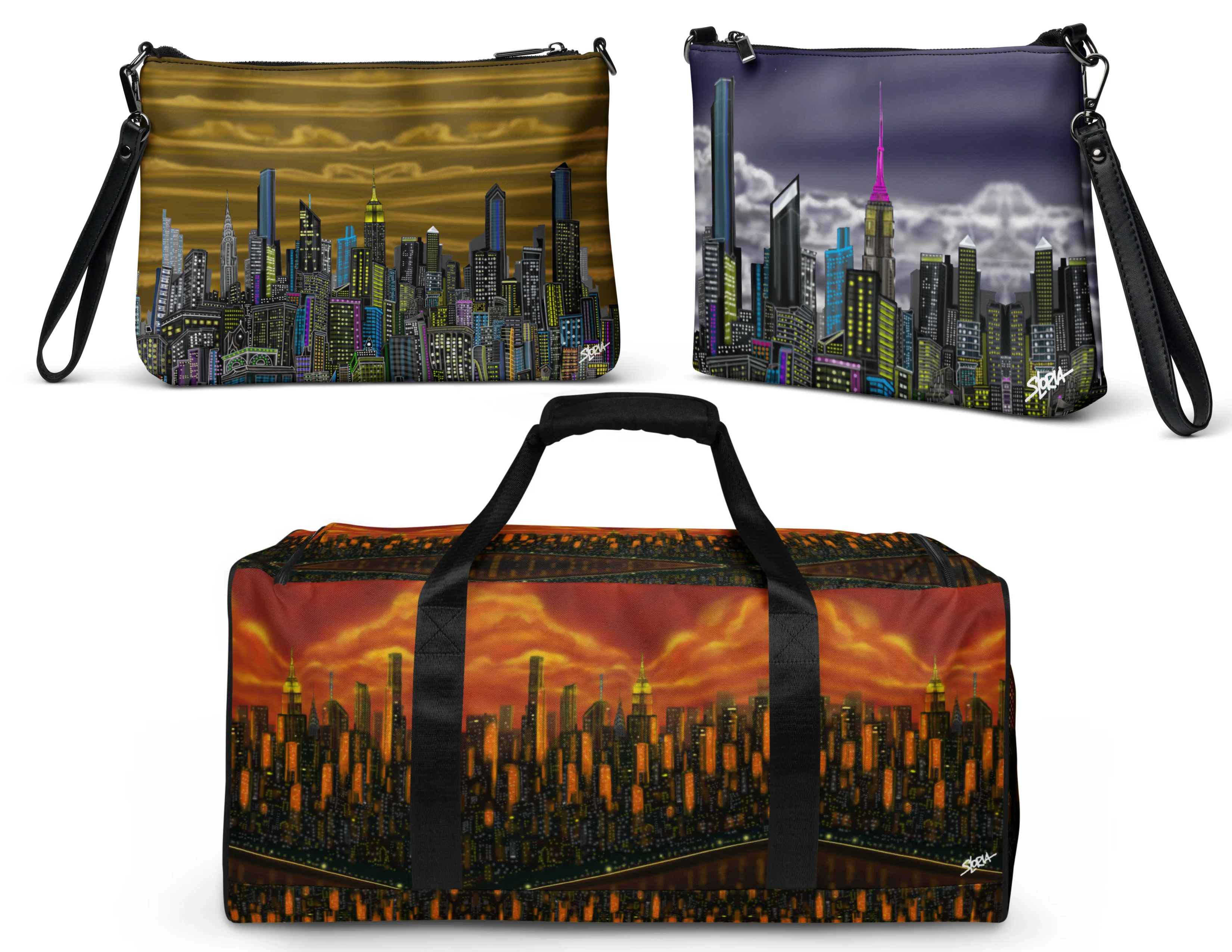 Colorful skyline Loria NYC Art bags on a white background 