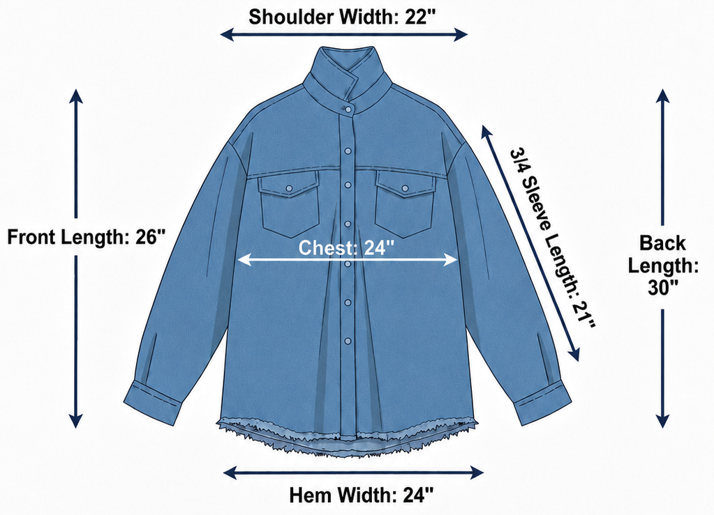 Blue Loria NYC Art shirt with measurement labels on a white background