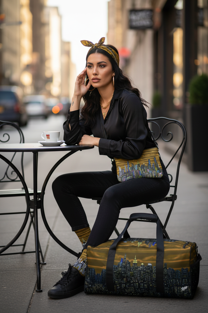 Woman sitting at an outdoor cafe table with a suitcase next to her, wearing Loria NYC Art accessories.