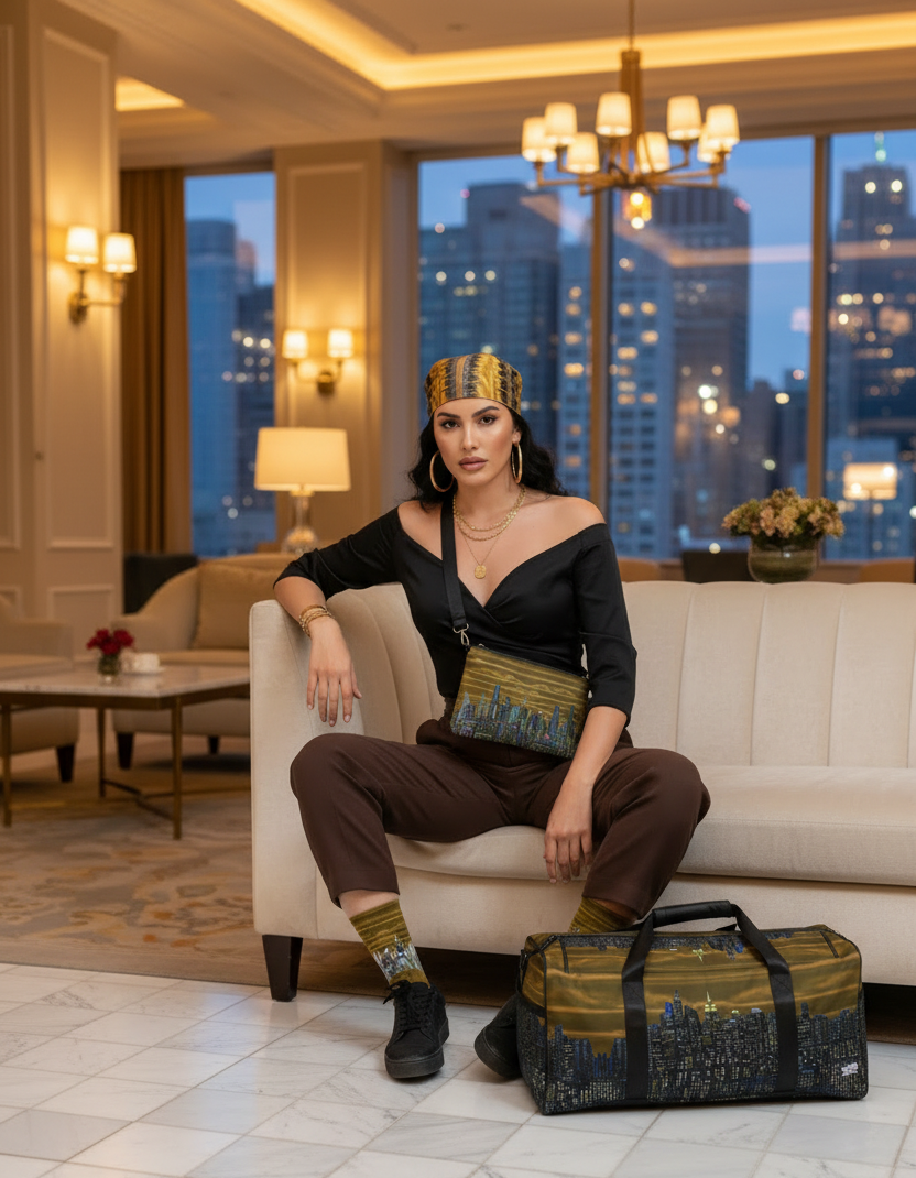 Woman sitting on a couch in a luxurious room with Loria NYC ART cityscape accessories.