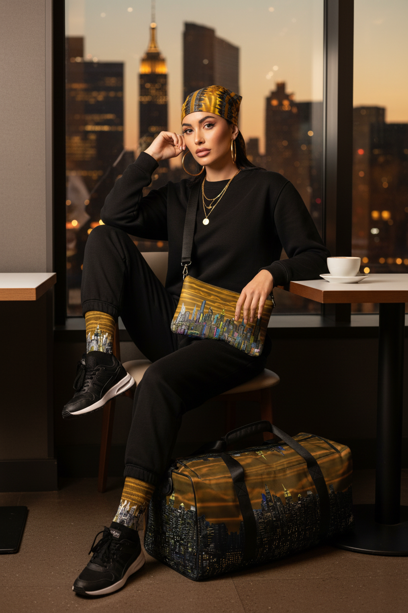 Woman sitting in a modern cityscape setting with a Loria NYC Art duffel bag and clutch.