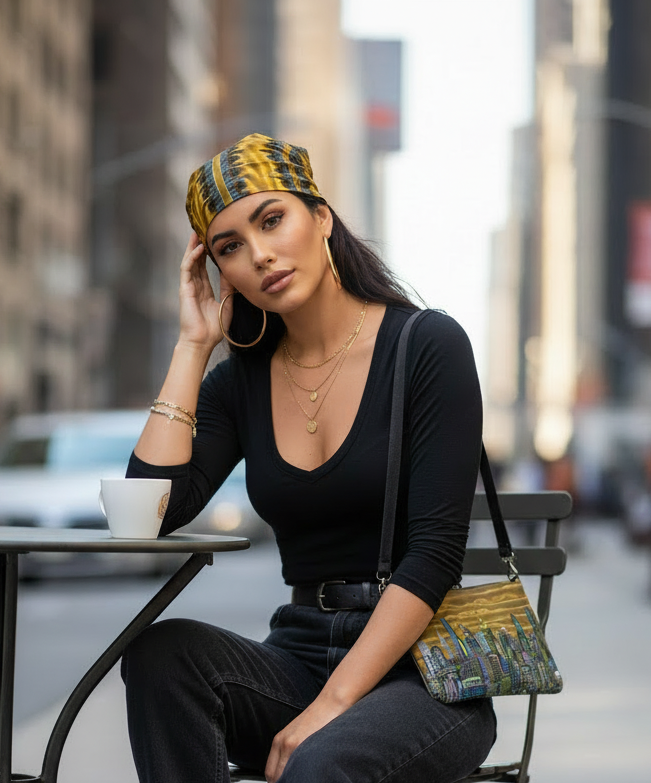 Woman sitting outdoors with a cityscape background, wearing a black top and colorful Loria NYC Art headscarf.