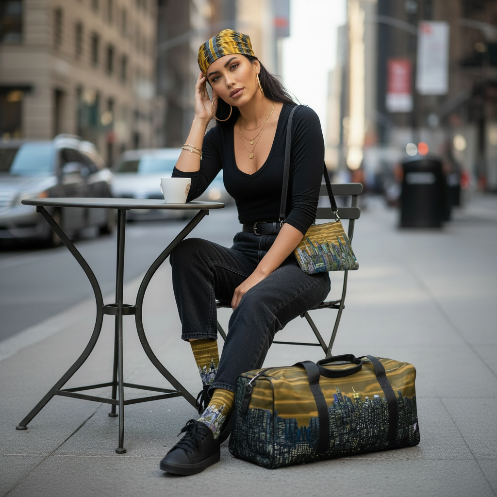 Woman sitting at a street cafe table with a Loria NYC Art duffel bag and accessories.