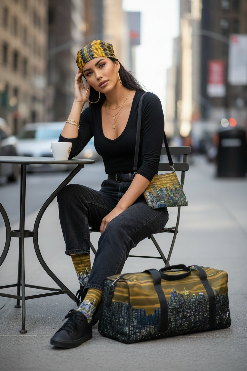 Woman sitting at a table with Loria NYC Art cityscape bags on a city street.