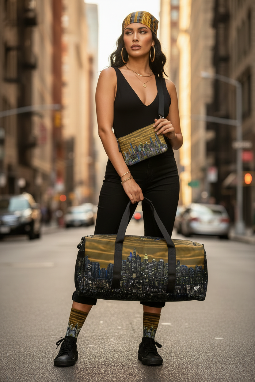 Woman holding a Loria NYC Art duffel bag on a city street