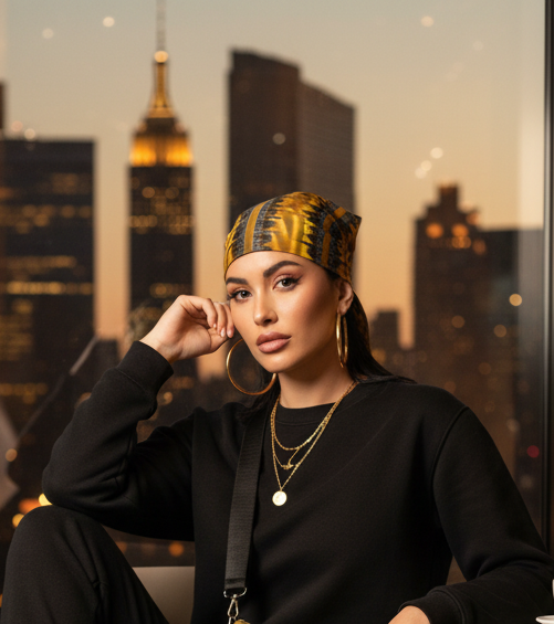 Woman with a Loria NYC Art headscarf and hoop earrings against a city skyline backdrop