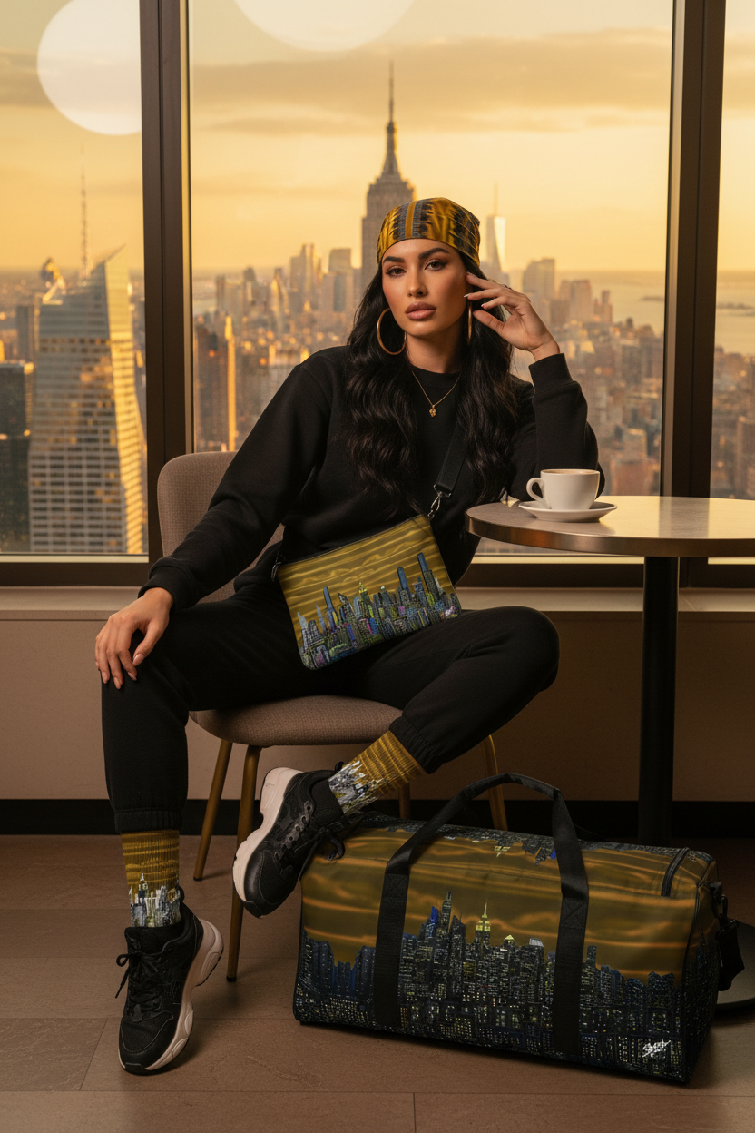 Woman sitting in a chair with a  Loria NYC Art cityscape bag and duffel bag, with a city skyline view in the background.