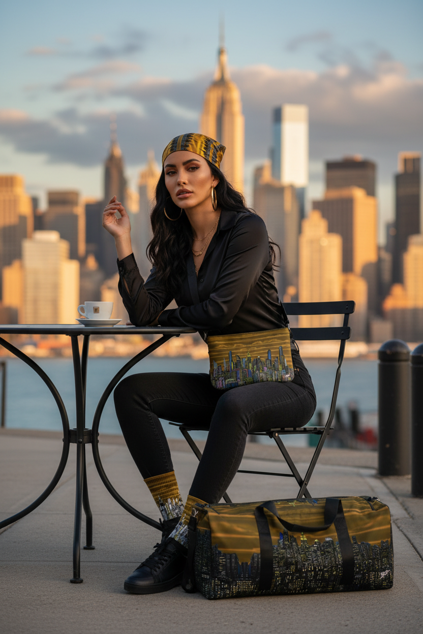 Woman wearing Loria NYC Art accessories sitting at a table with a city skyline in the background