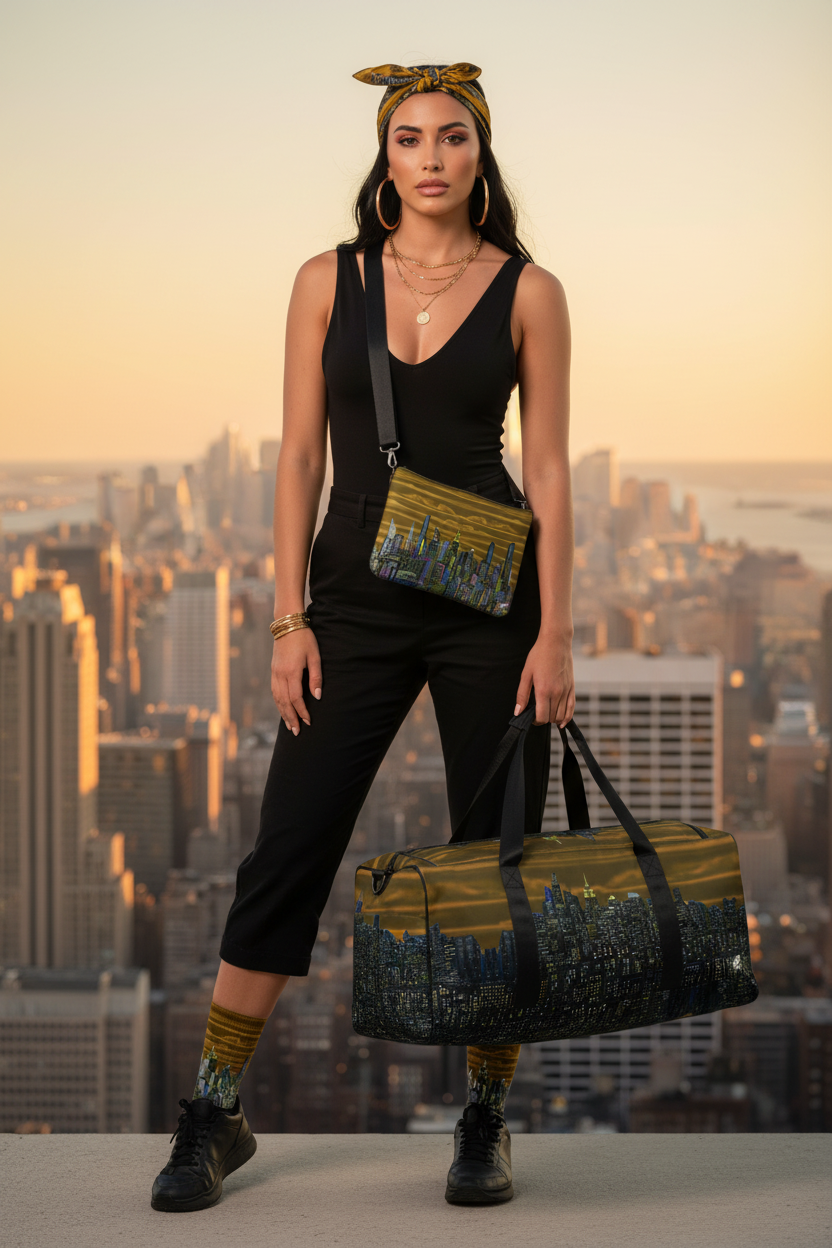Woman holding a Loria NYC Art bag with a cityscape background