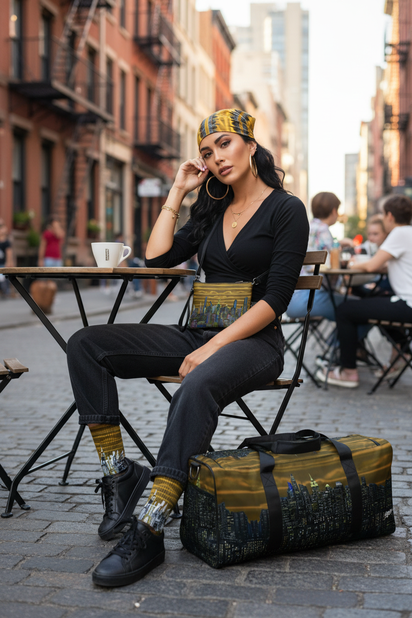 Woman sitting on a street corner with a  Loria NYC Art duffel bag, wearing a black outfit with yellow accents.