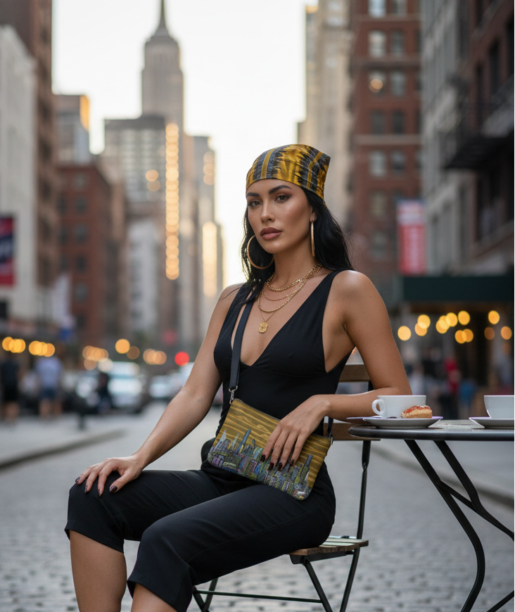 Woman wearing Loria NYC Art accessories sitting at a table in an urban setting with city skyline in the background 