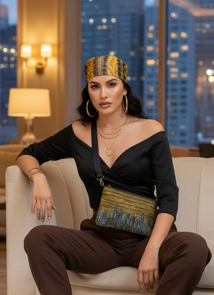 Woman sitting on a couch holding a handbag with a Loria NYC Art cityscape design, wearing a black top and brown pants, in a room with city lights in the background.