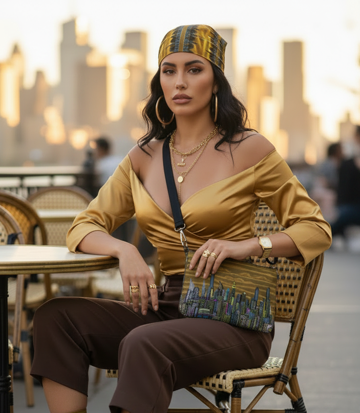 Woman wearing Loria NYC Art accessories sitting at an outdoor cafe with a cityscape in the background.