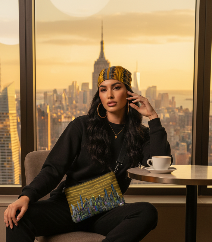 Woman sitting in a high-rise building with a cityscape view, wearing a Loria NYC Art headband and clutch.