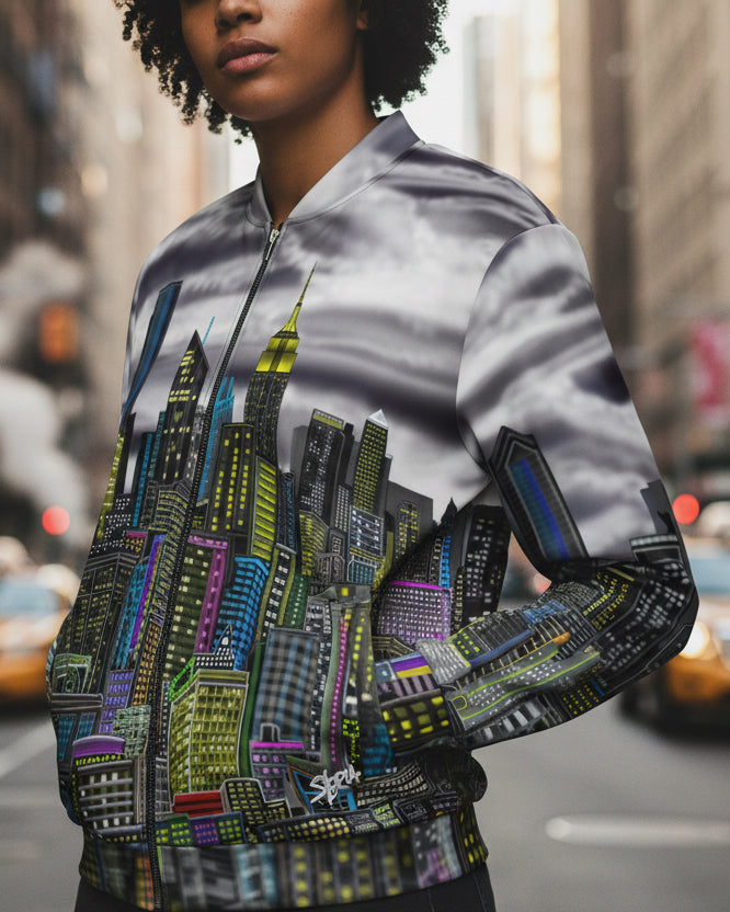 Person wearing a colorful jacket with cityscape design by Loria NYC Art on a city street with taxis.