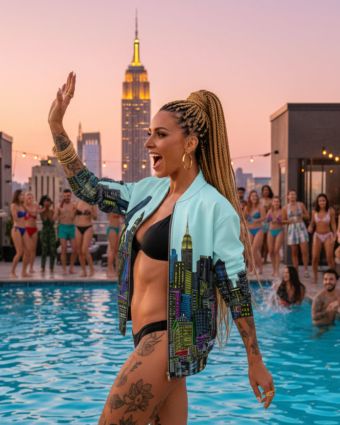 Woman in a city-themed Loria NYC Art jacket by a pool with the Empire State Building in the background