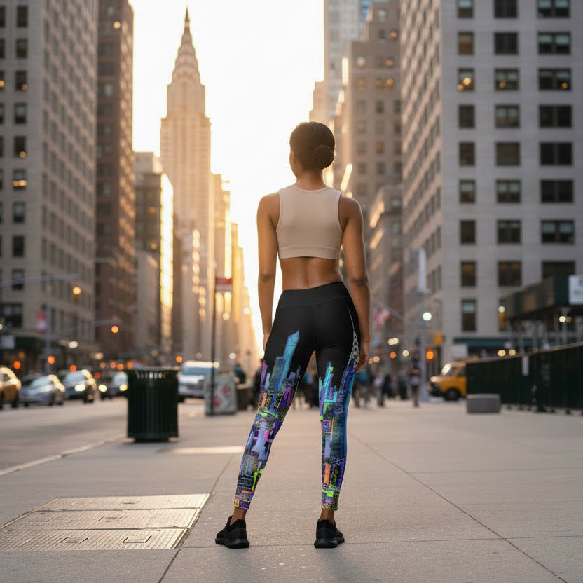 Person wearing colorful  Loria NYC Art leggings and a sports bra standing on a city street with tall buildings.