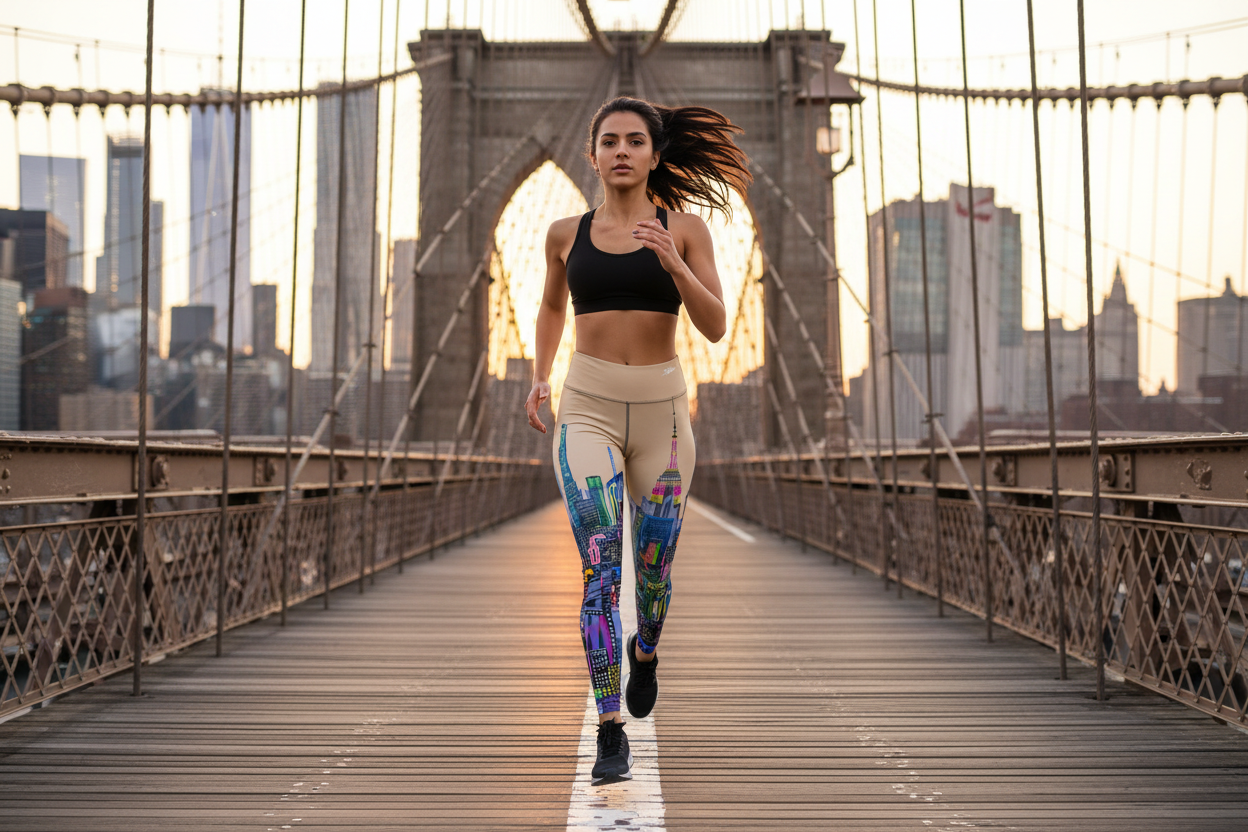 Woman wearing Loria NYC Art leggings running on a bridge with a city skyline in the background
