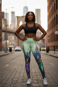 Woman wearing a black sports bra and Loria NYC Art colorful leggings on a city street.