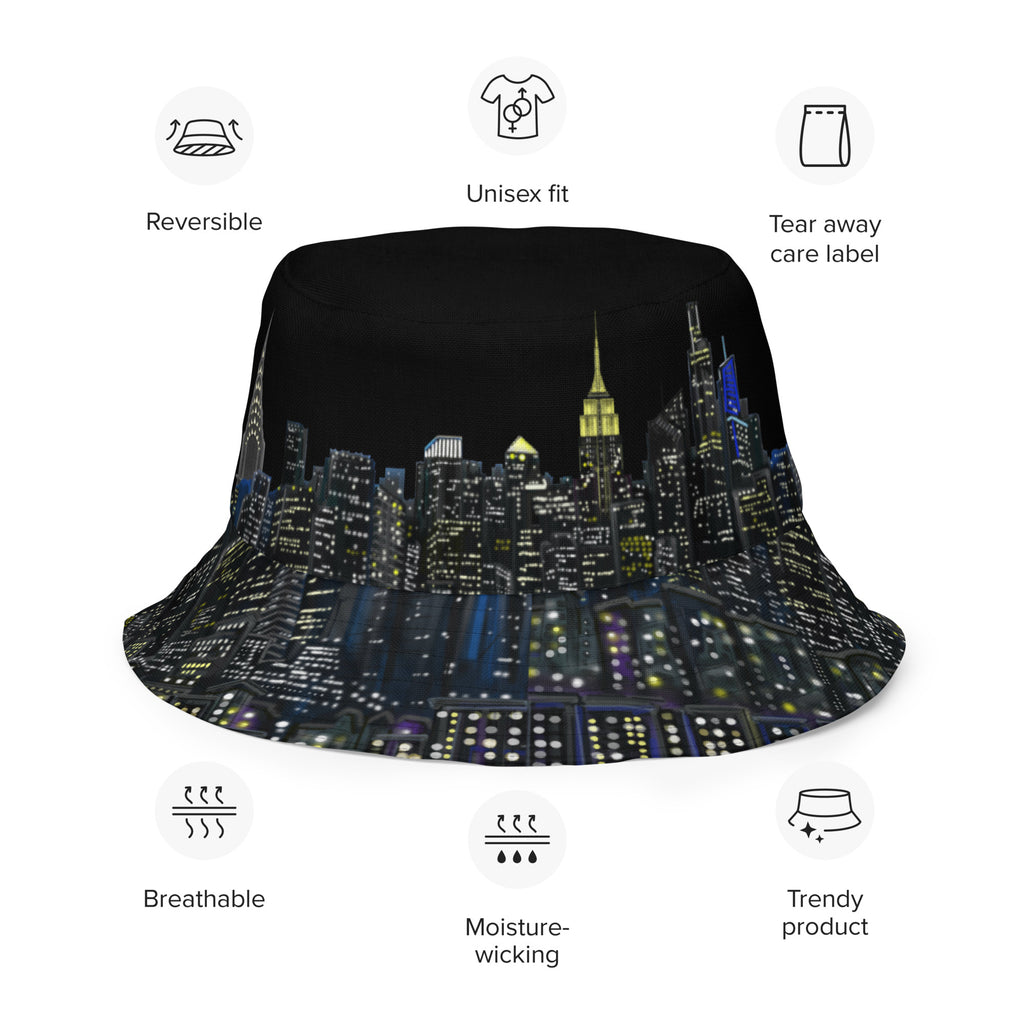 Bucket hat with Loria NYC Art cityscape design on a white background, featuring icons and text about product features.