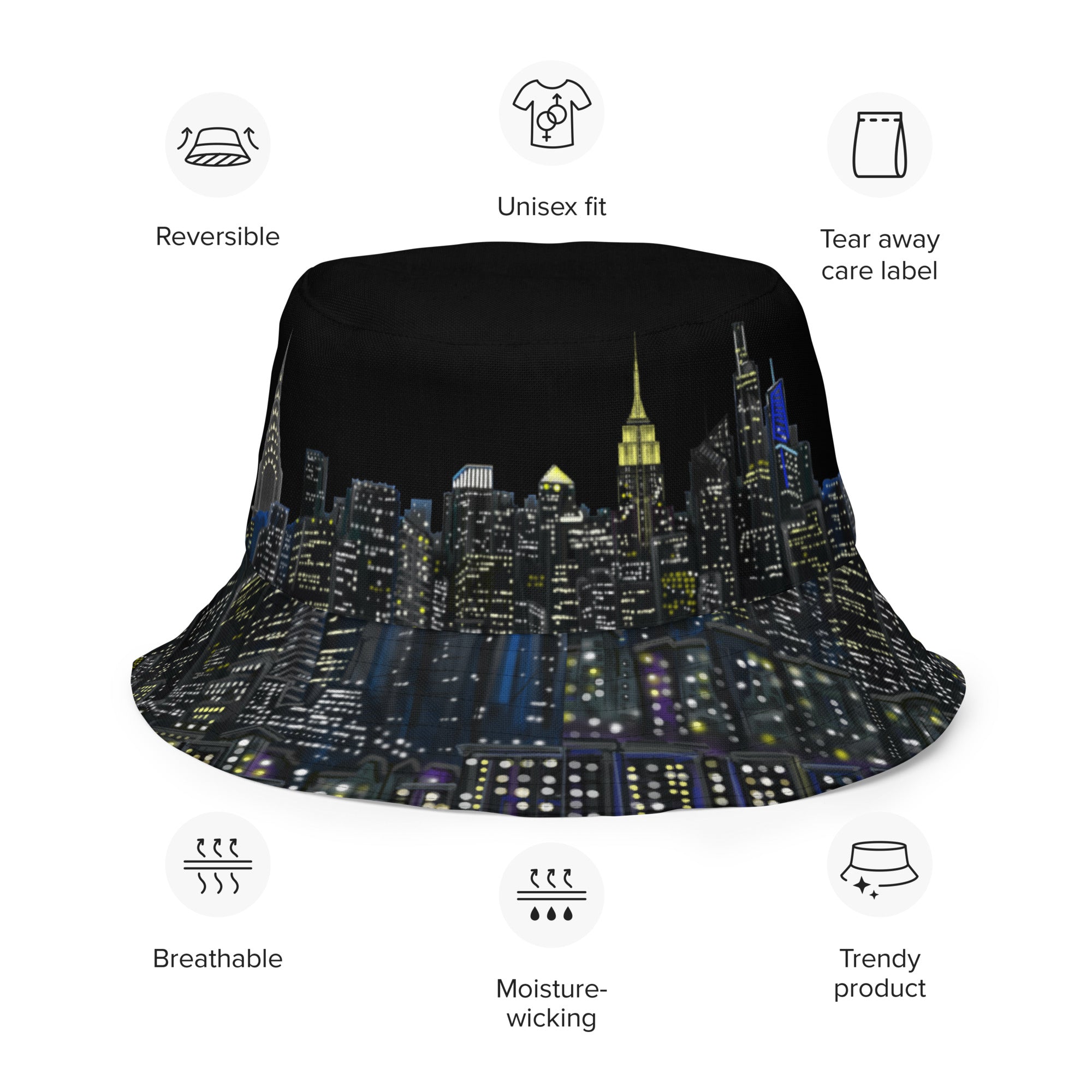 Bucket hat with Loria NYC Art cityscape design on a white background, featuring icons and text about product features.