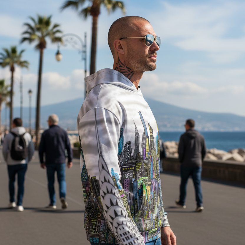 Man wearing a hoodie with Loria NYC Art cityscape design by palm trees and ocean
