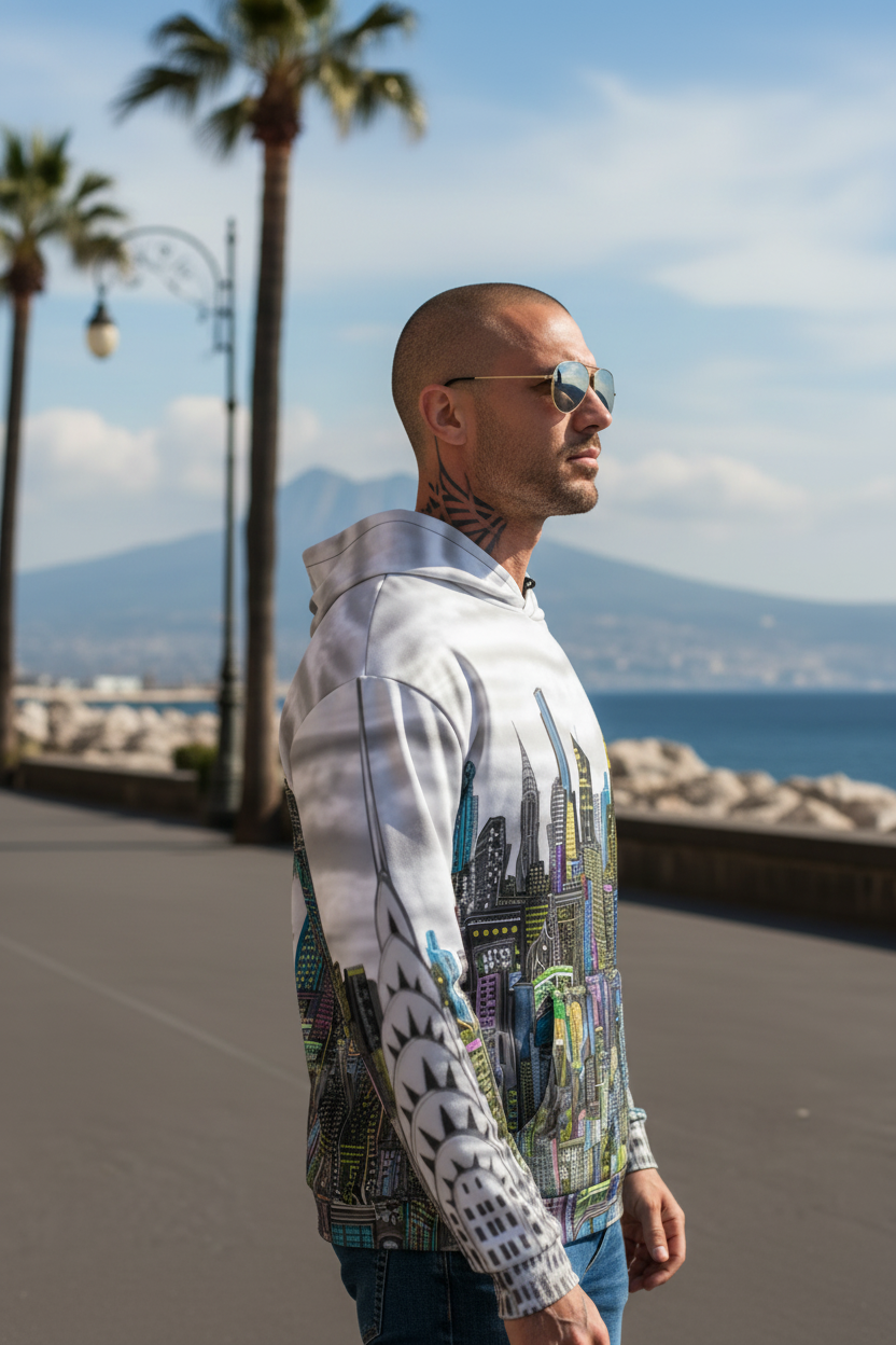 Man wearing a colorful Loria NYC Art hoodie with a cityscape design, standing on a coastal path with palm trees and ocean view.