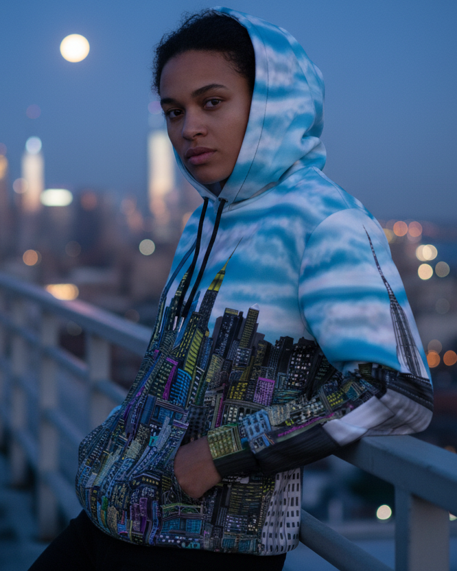 Person wearing a colorful Loria NYC Art hoodie with a city skyline in the background