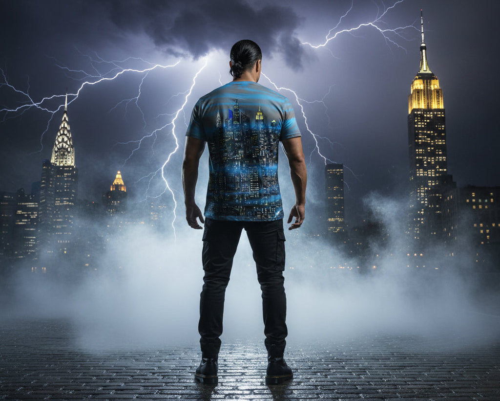 Man standing in front of a cityscape wearing a Loria NYC Art shirt with lightning and skyscrapers 