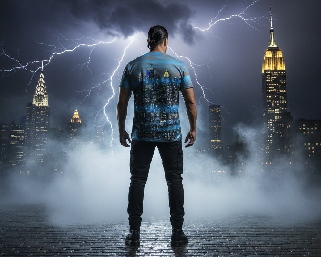 Man standing in front of a cityscape wearing a Loria NYC Art shirt with lightning and skyscrapers 