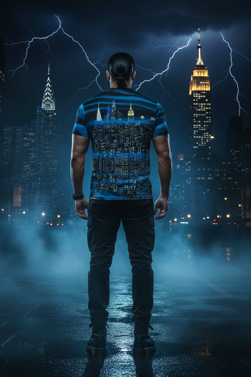Person wearing a cityscape Loria NYC Art t-shirt with a dark, stormy city skyline in the background.