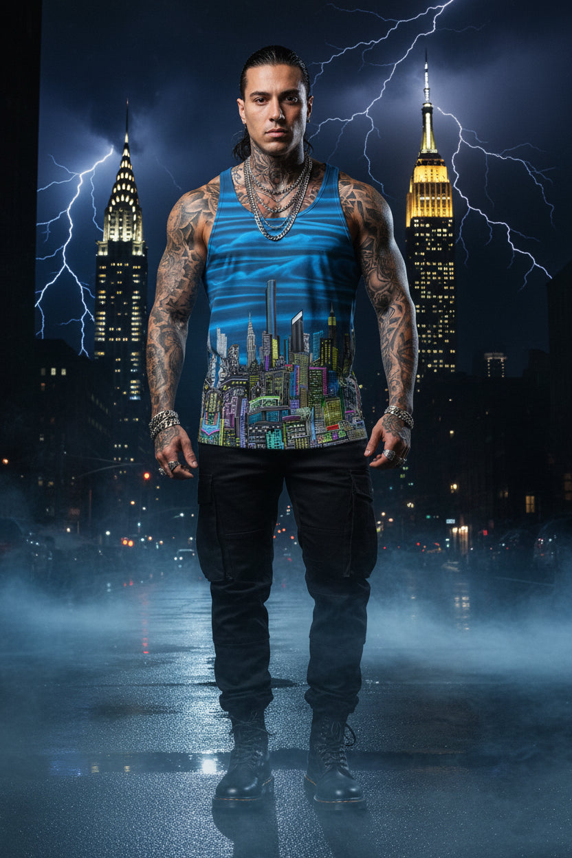 Man wearing a sleeveless shirt with Loria NYC Art cityscape design against a dark, urban background with lightning.