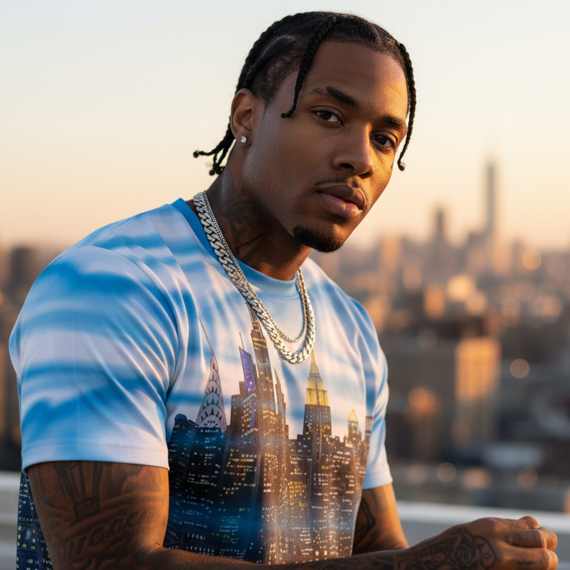 Man wearing a t-shirt with a cityscape Loria NYC Art design, standing on a rooftop with a city skyline in the background.