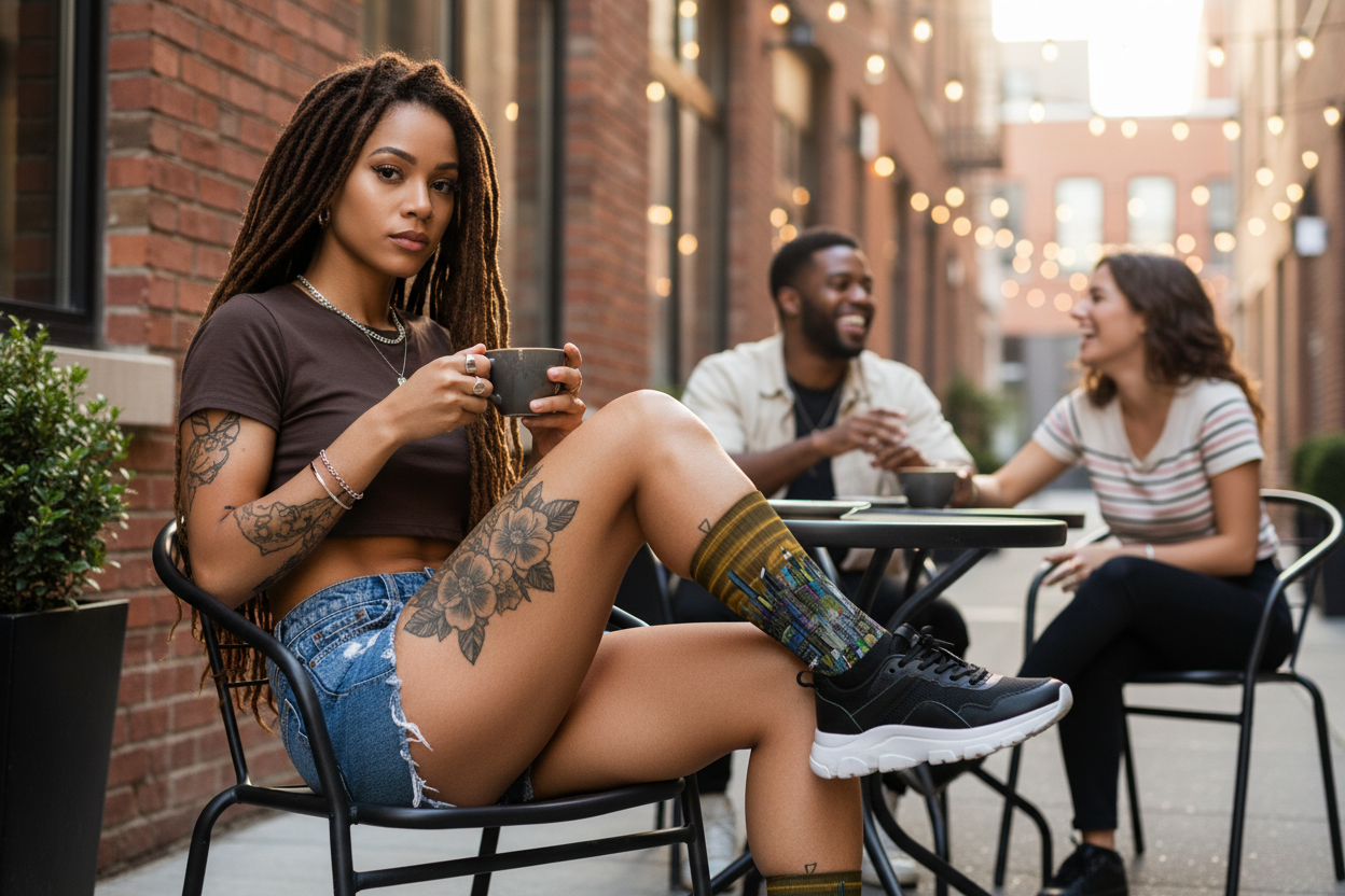 Woman sitting outdoors with tattoos, wearing a brown Loria NYC Art socks and denim shorts, holding a phone.