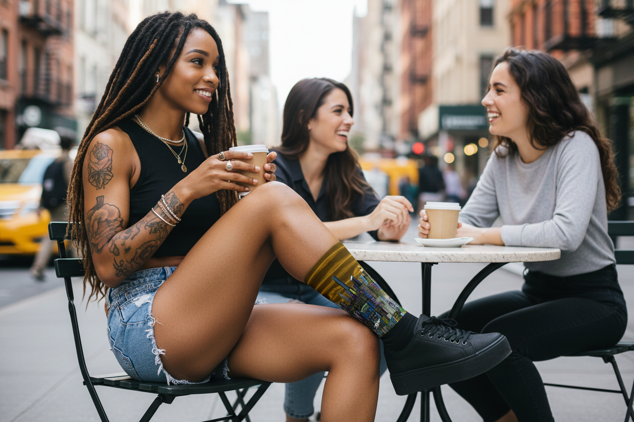 Women wearing Loria NYC Art socks sitting at a table in an urban setting, enjoying coffee.
