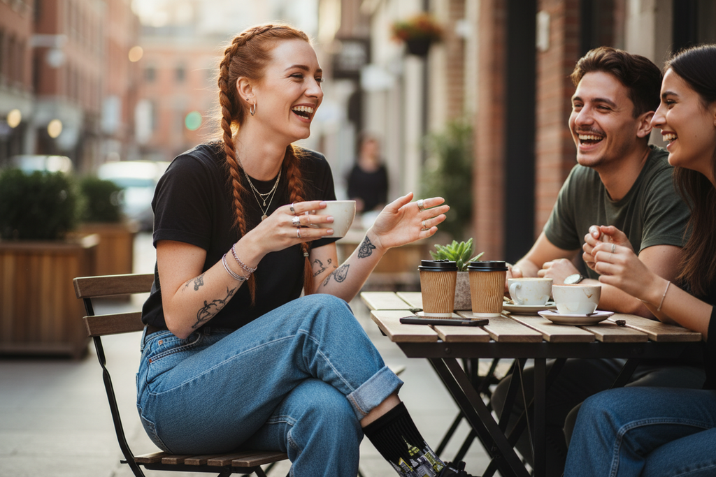 Girl wearing Loria NYC Art socks with  friends laughing and chatting at an outdoor cafe table.