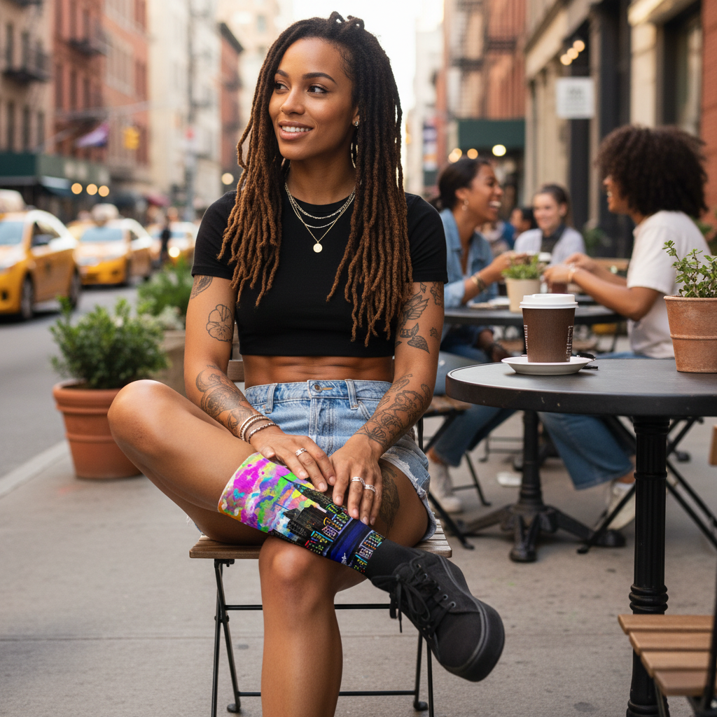Girl wearing colorful Loria NYC Art socks sitting on a chair in an urban setting with people and traffic in the background