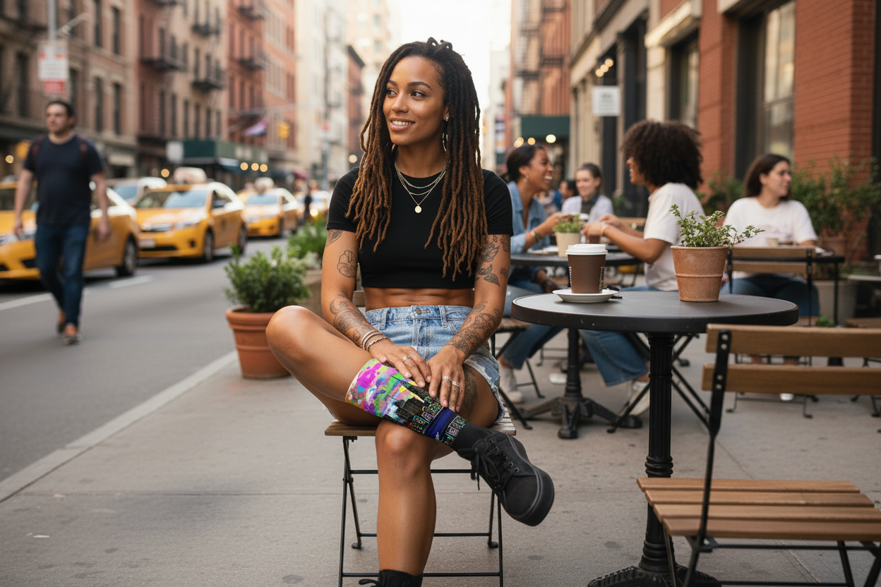 Female wearing colorful Loria NYC Art socks on an urban setting.