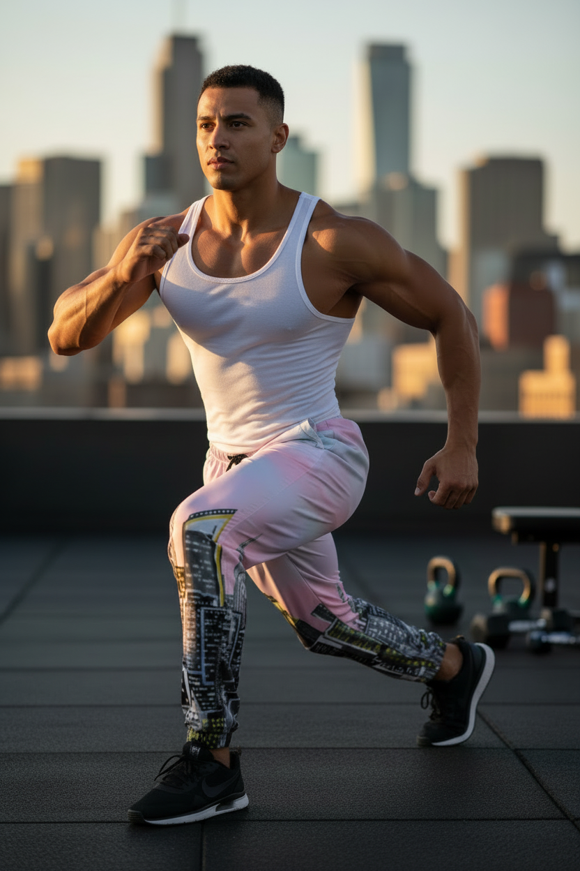 Man in Loria NYC Art athletic wear posing on a rooftop with city skyline in the background