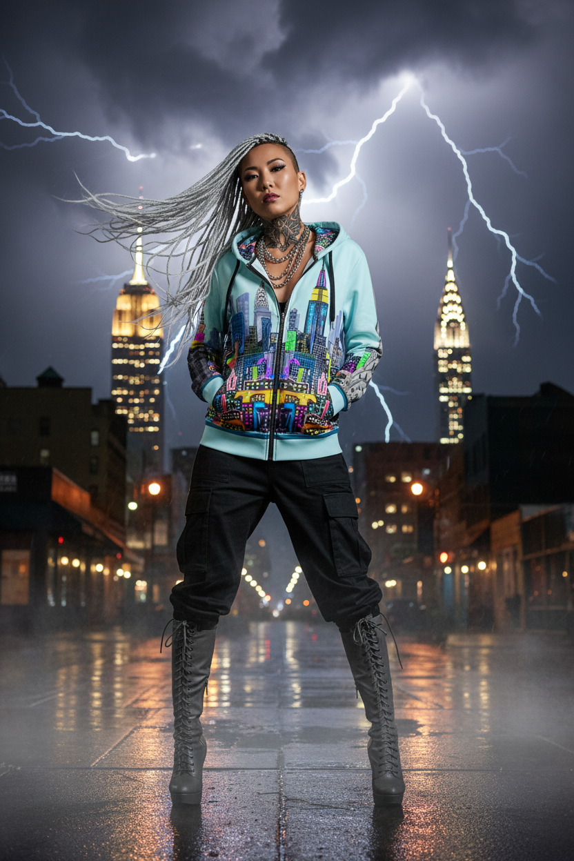 Hoodie with a colorful cityscape Loria NYC Art design on a light blue background