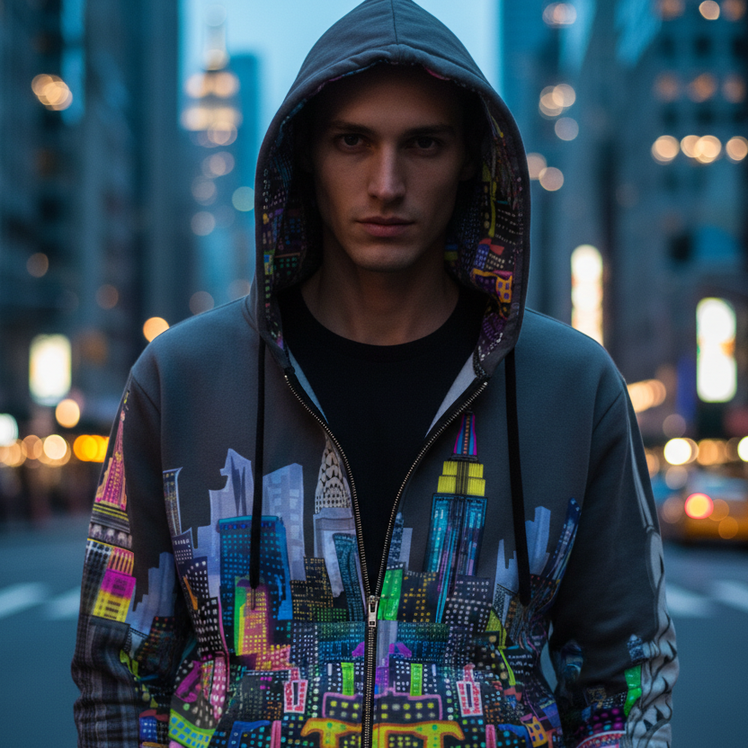 Hoodie with colorful cityscape Loria NYC Art design on a white background