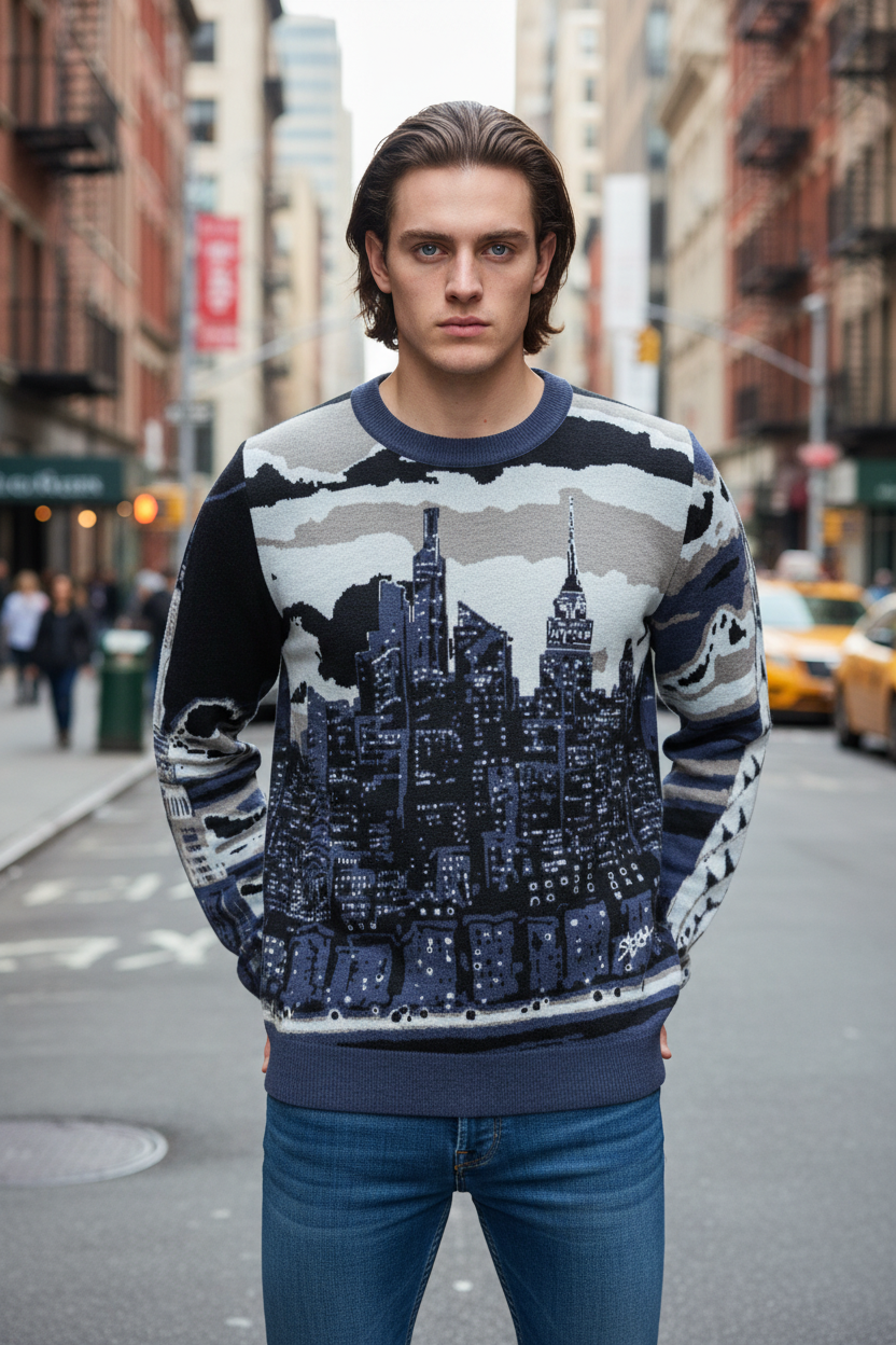 Man wearing a sweater with a Loria NYC Art cityscape design on a city street